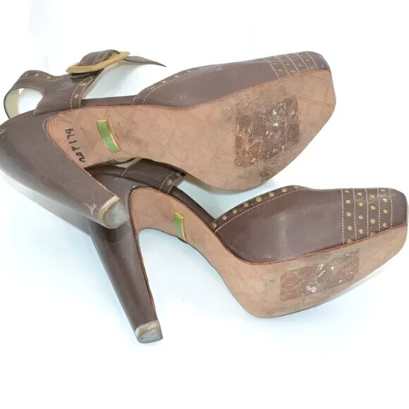 L.A.M.B Gold Studded Brown Leather Square Toe Structured Slingback 6" Heels 10 - Picture 7 of 7